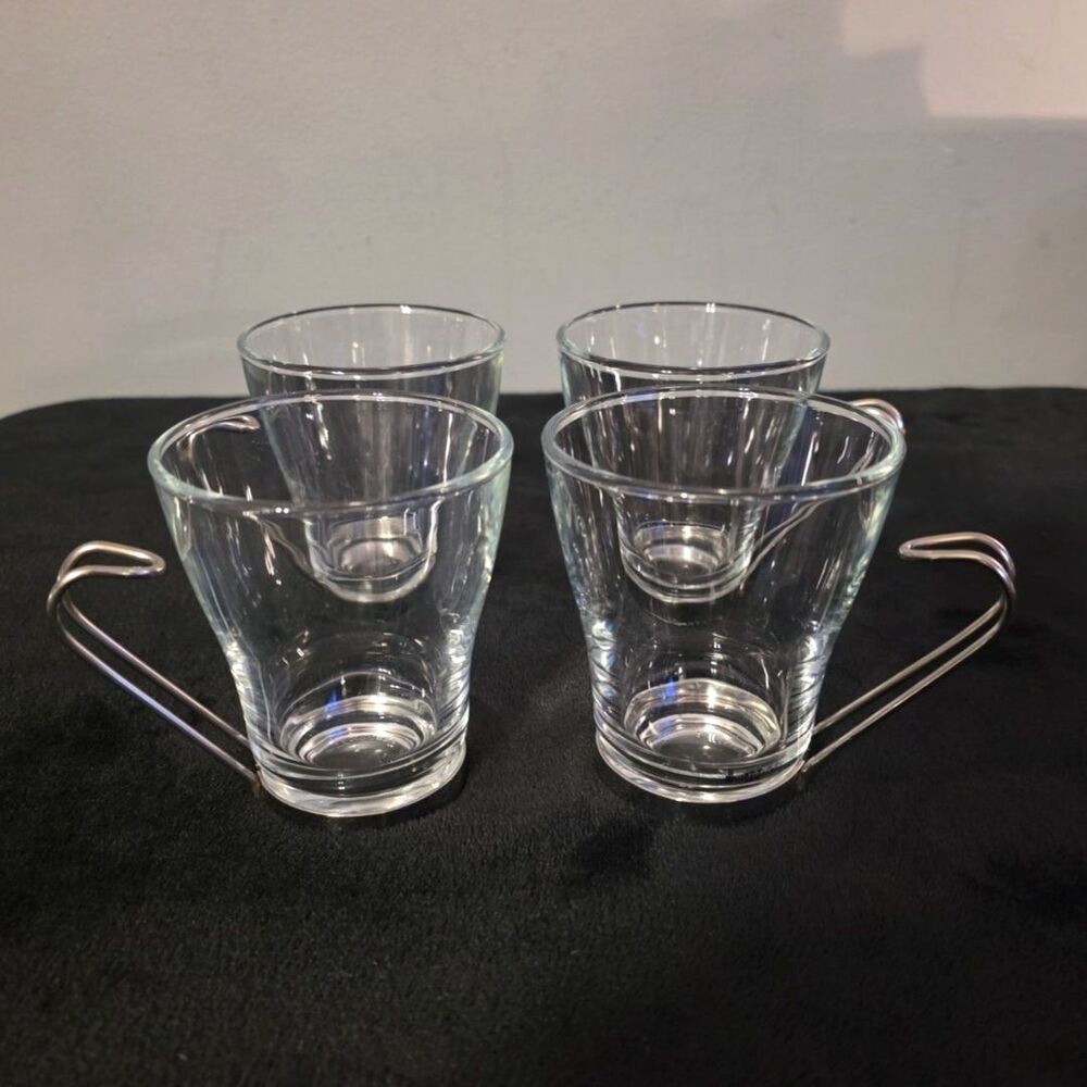 Bormioli Rocco Glass Espresso Coffee Tea Cup Stainless Steel Handle Set of 4